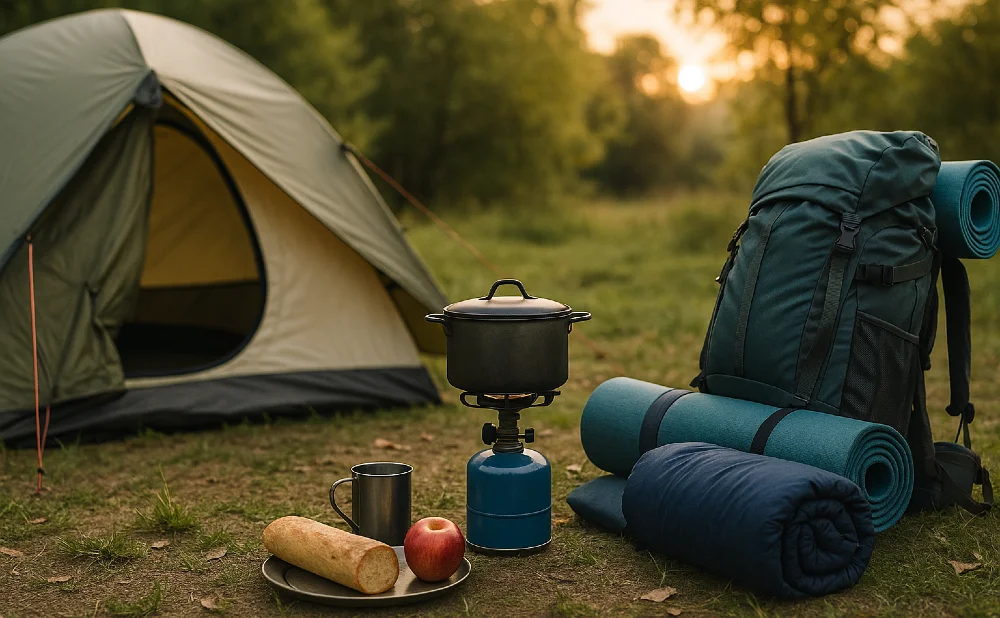Campingplatz mit Zelt und Rucksack