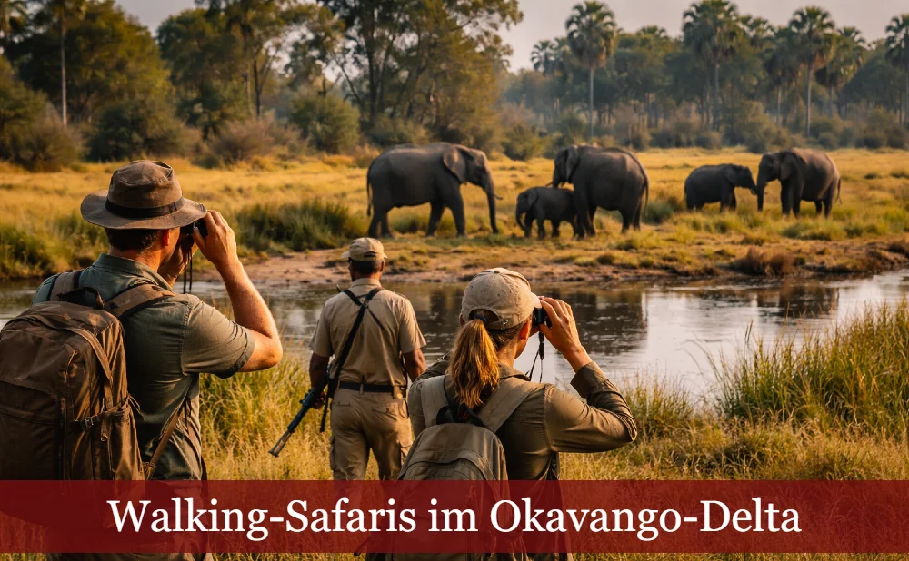 Reisegruppe beim Beobachten von Elefanten in freier Wildbahn. Text: Walking-Safaris im Okavango-Delta