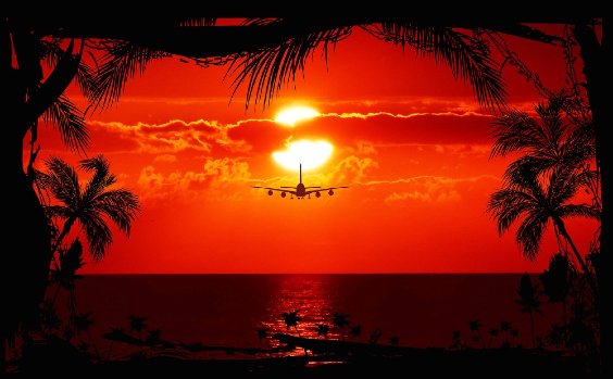Flugzeug fliegt der Sonne entgegen